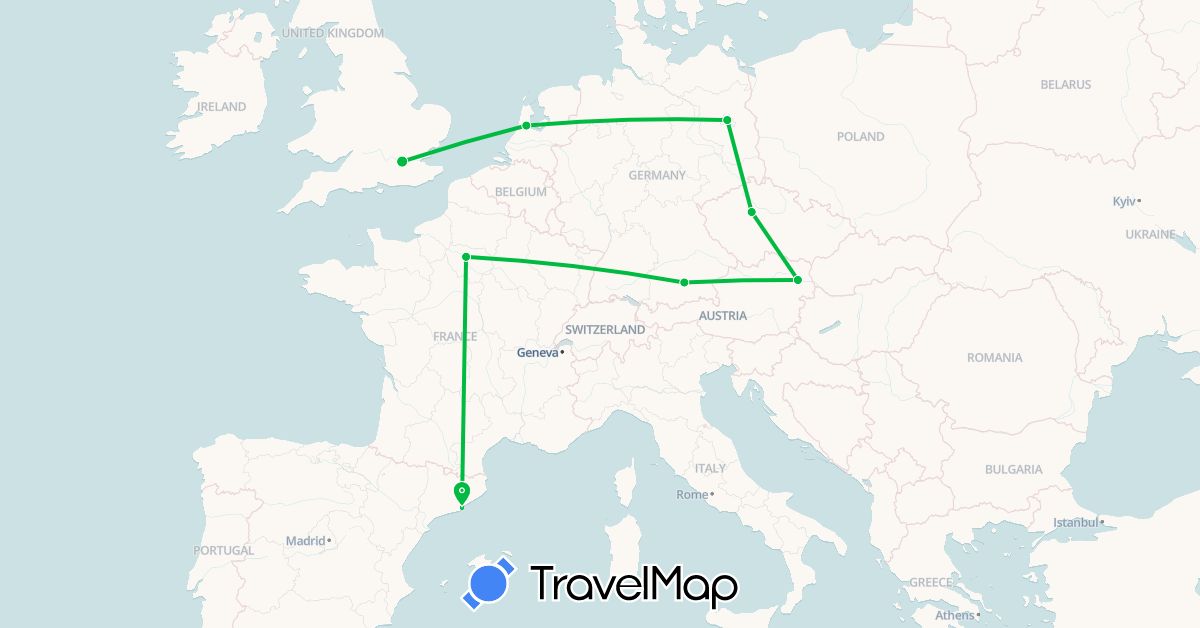 TravelMap itinerary: driving, bus in Austria, Czech Republic, Germany, Spain, France, United Kingdom, Netherlands (Europe)